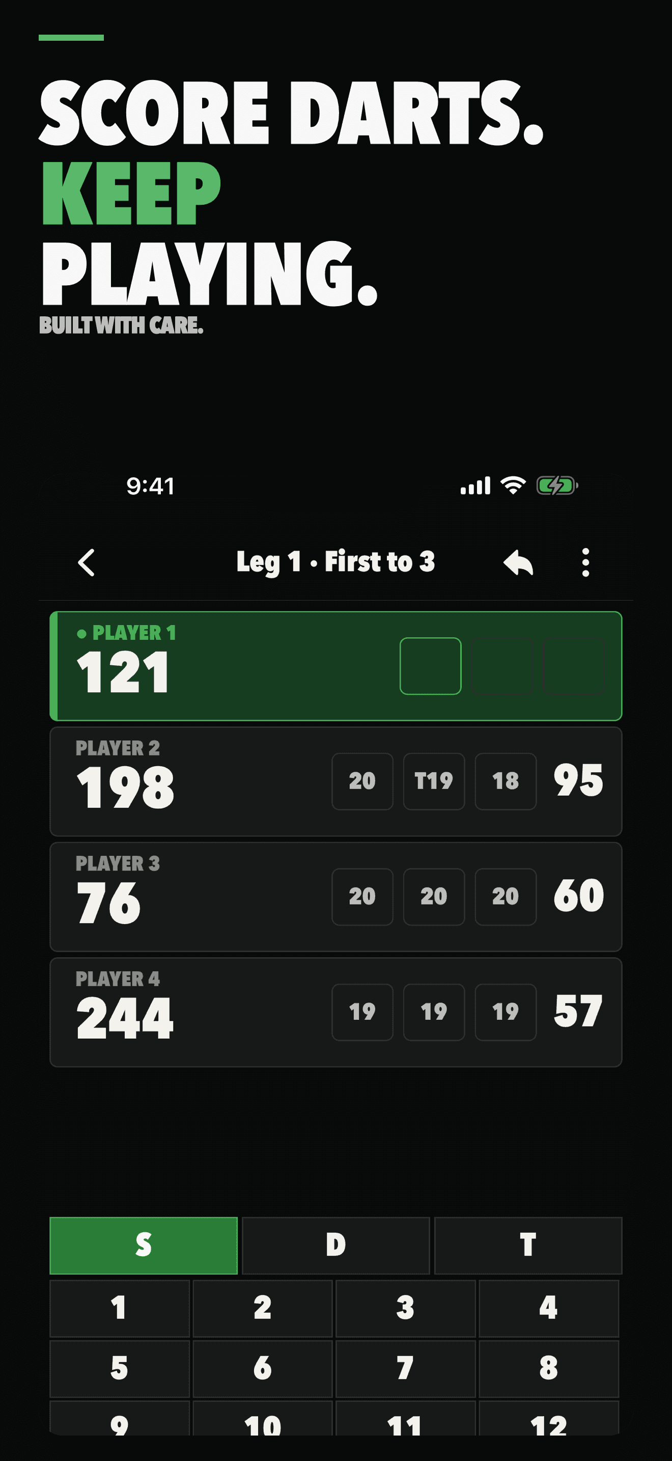Darts scorekeeper showing four players and the score-entry controls