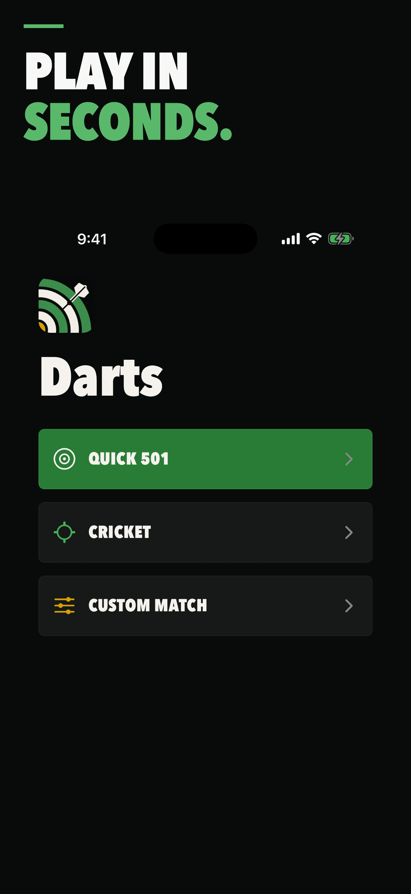 Darts home screen with Quick 501, Cricket, and Custom Match