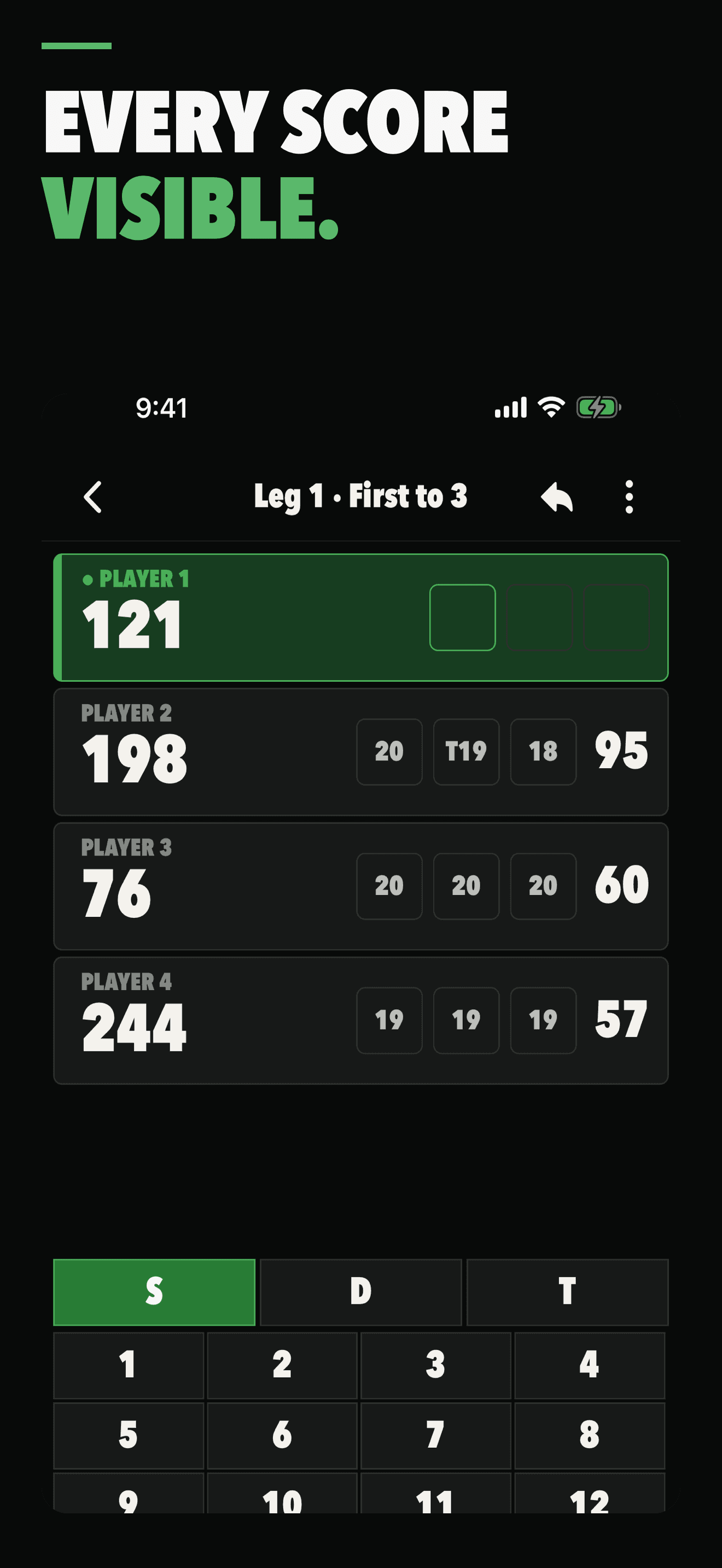 Darts match with every player's score visible